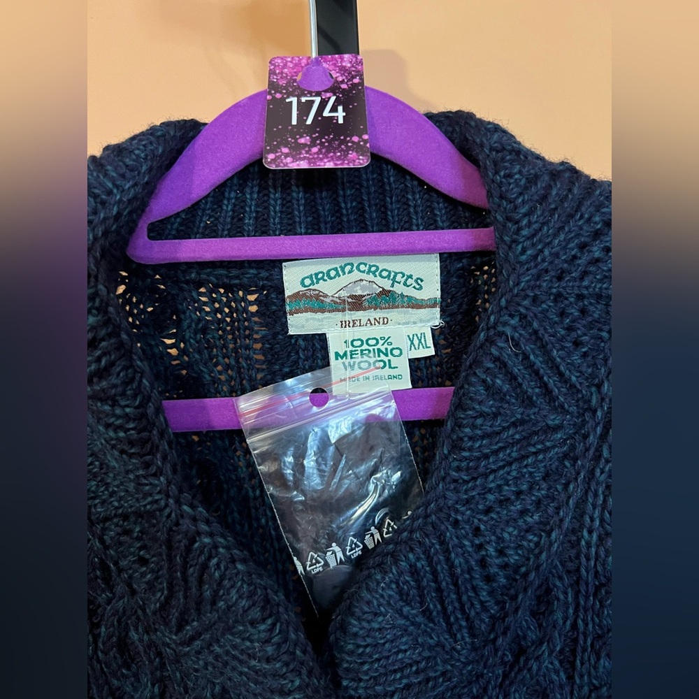 Aran Crafts Deep Blue Merino Wool Cardigan - Picture 3 of 3